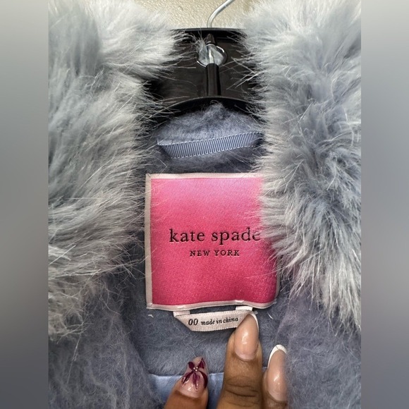 Kate Spade New York Faux Fur Trimmed Belted Women's Coat baby blue size 00/ XXS - Picture 6 of 13